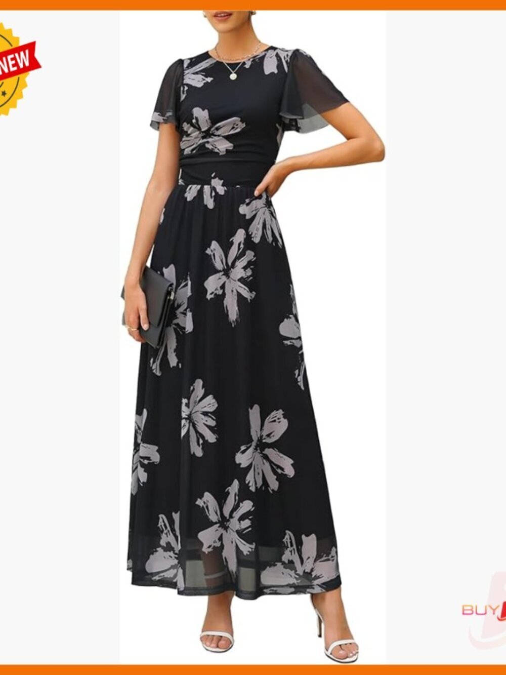 Maxi Dress with Flutter Sleeves, Mesh Ruched, Side Pockets, Wedding Guest